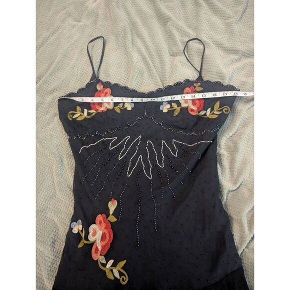 Vtg Cache 90s Y2K Black Gloral embroidered beaded silk maxi Dress Fairycore 12 - Picture 7 of 9